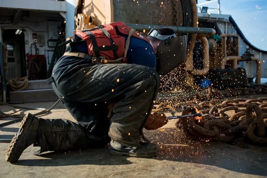 A welder crouching to cut steel, sparks bouncing off his trouser legs