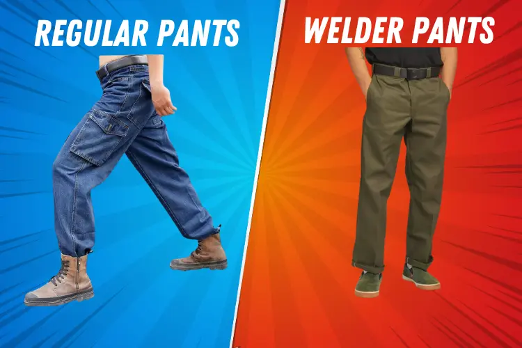 A side-by-side comparison of ordinary jeans and flame-resistant welding trousers