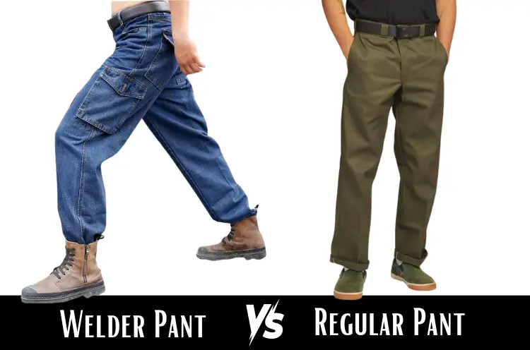 Flame-resistant work trousers beside an ordinary pair of jeans