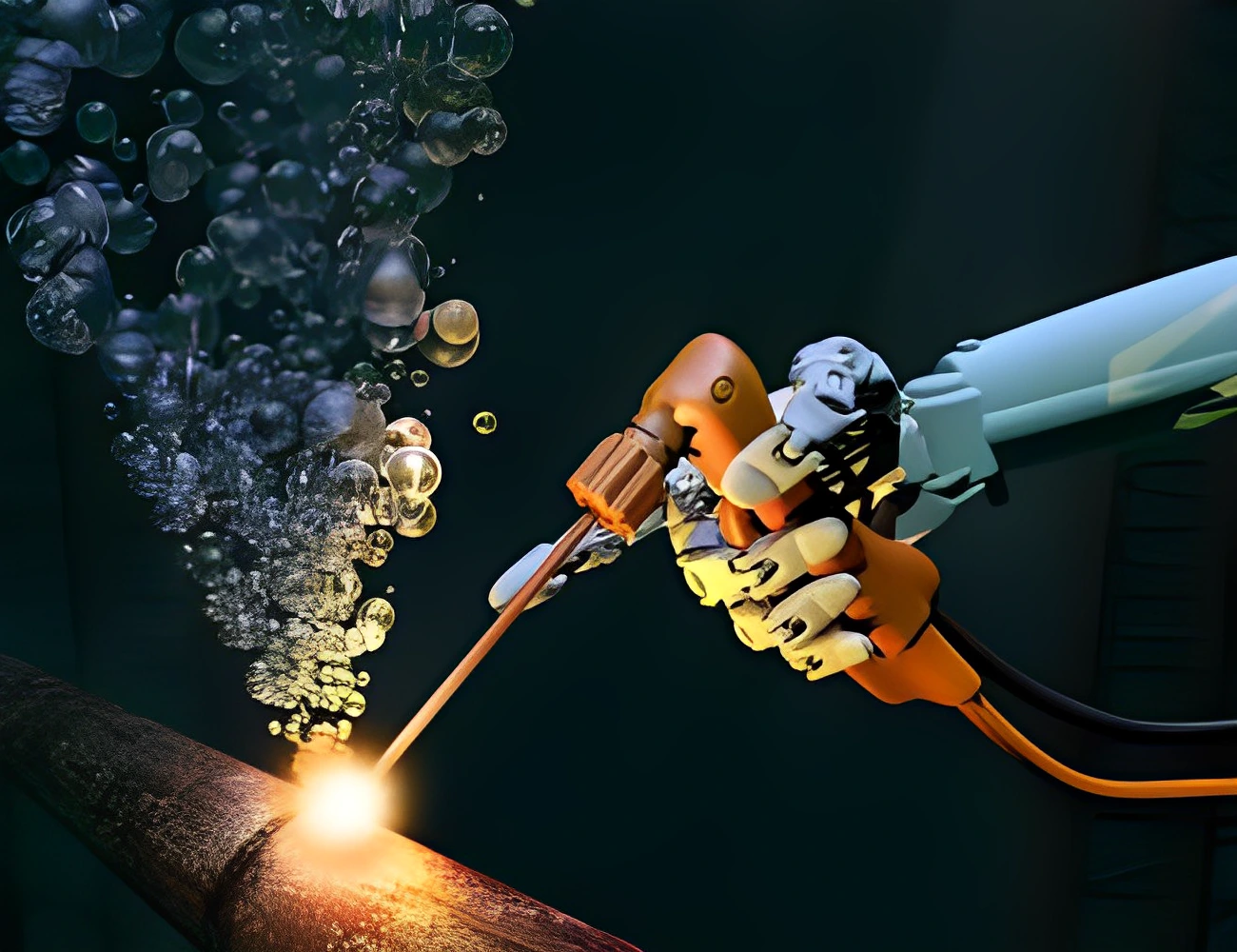 Close-up of a wet welding arc underwater, a stream of gas bubbles rising from the weld pool