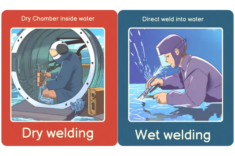 Side-by-side diagram: dry welding inside a sealed chamber underwater, and wet welding done directly in the water