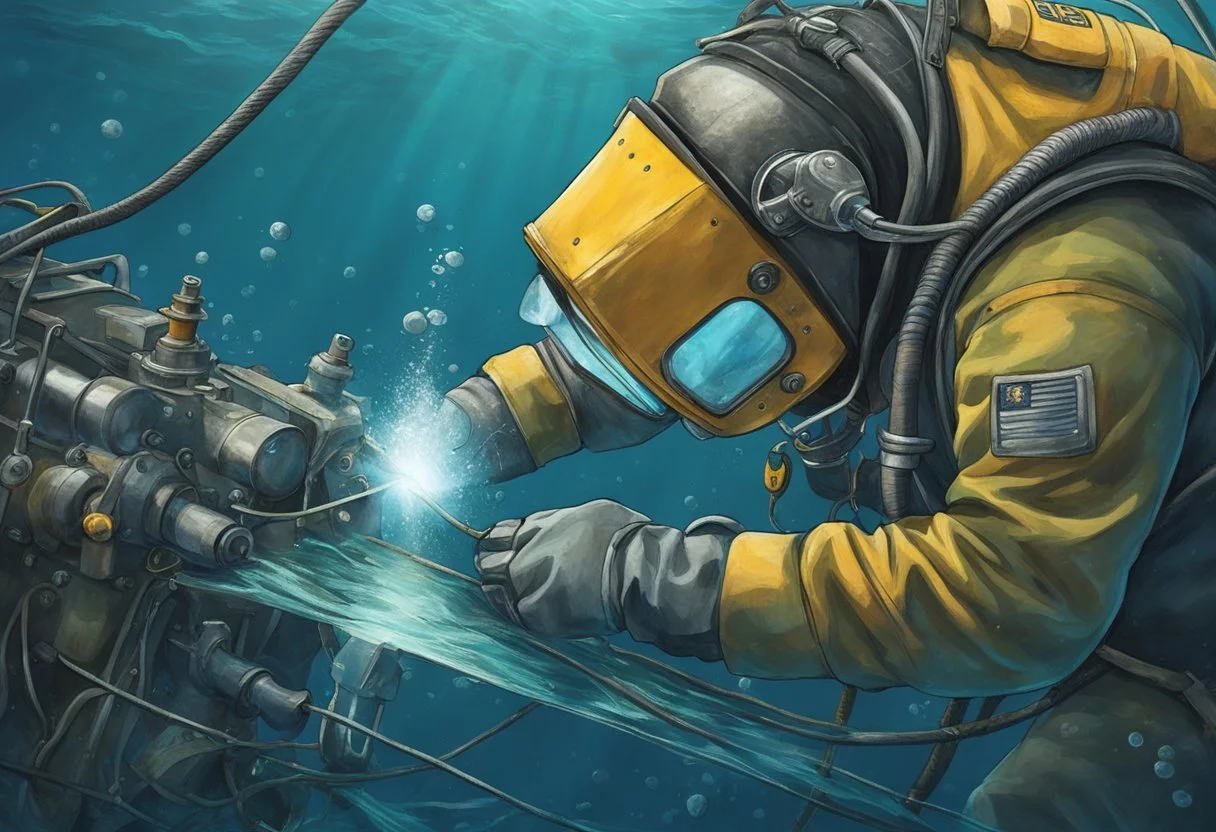 A welder-diver in a surface-supplied helmet welding a subsea structure, umbilical running over the shoulder